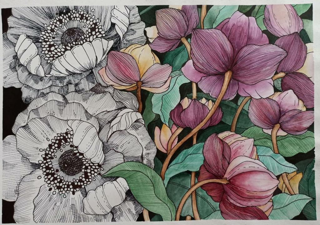 Water Color and Pen & Ink Flowers