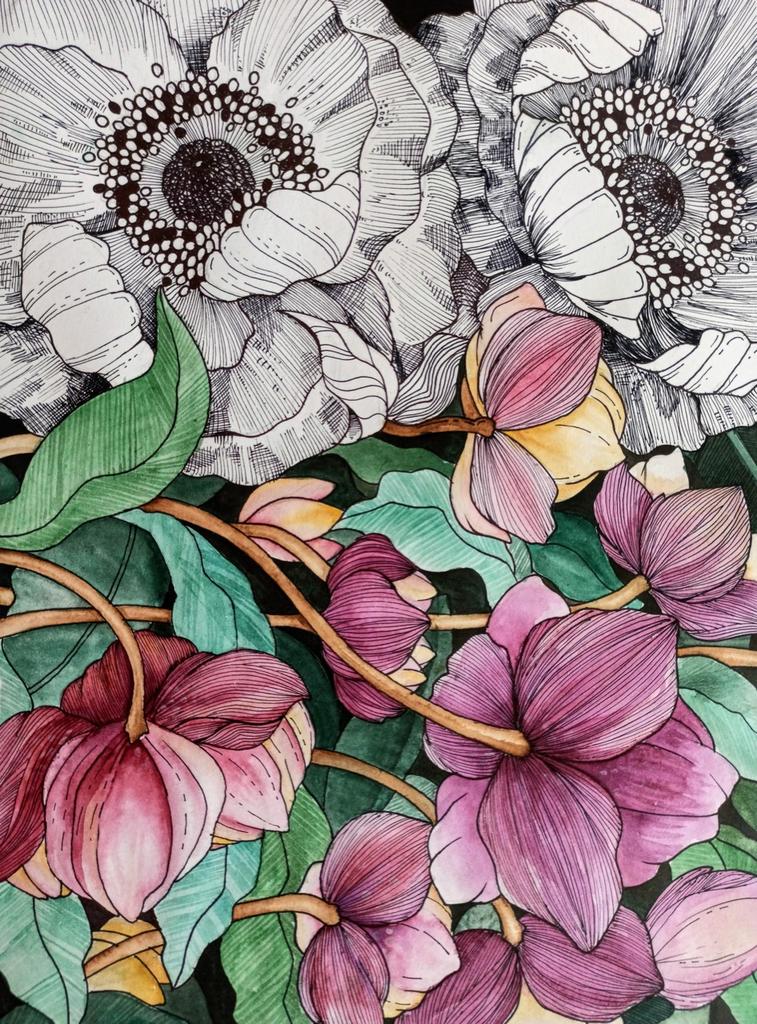 Water Color and Pen & Ink Flowers
